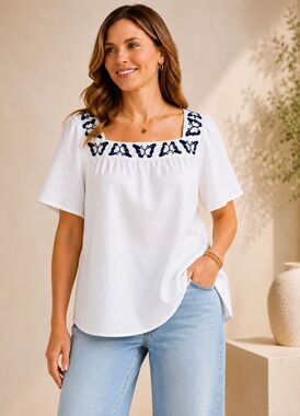 Talbots Linen Cotton Tunic Top Navy Butterfly Embroidered Coastal Boho XL